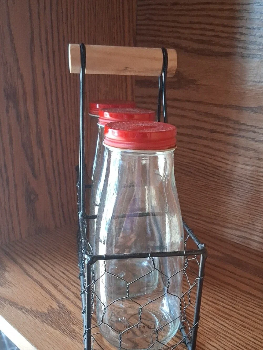 Warm & Cozy Rustic Wire Milk Bottle Caddy with Red Lids